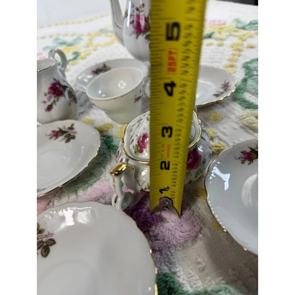 Vintage Miniature Porcelain Tea Set Pink Rose‎ Gold Trim Teapot Sugar Creamer